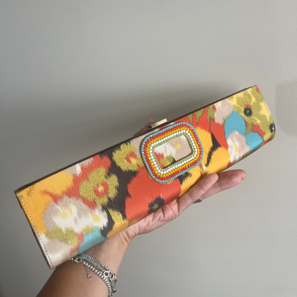 Roger Vivier Boite de Nuit Ikat Silk Satin Beaded Buckle Clutch Bag Multi-Color